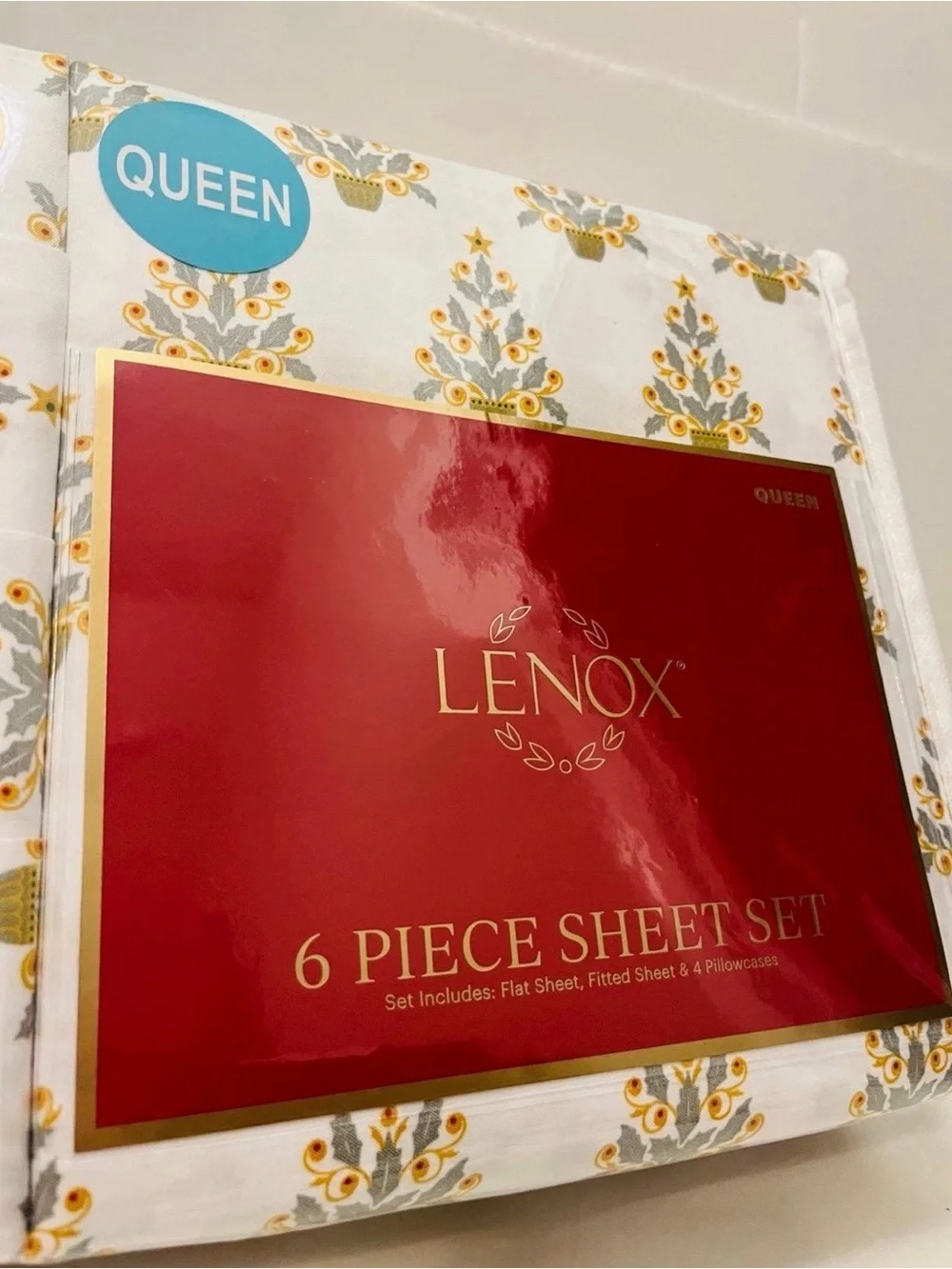 Lenox Queen Size 6 Piece Sheet Set Christmas Trees White Yellow Gray Green Red